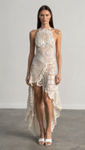 Front view of ivory high neck lace high-low dress with scalloped asymmetric hem
