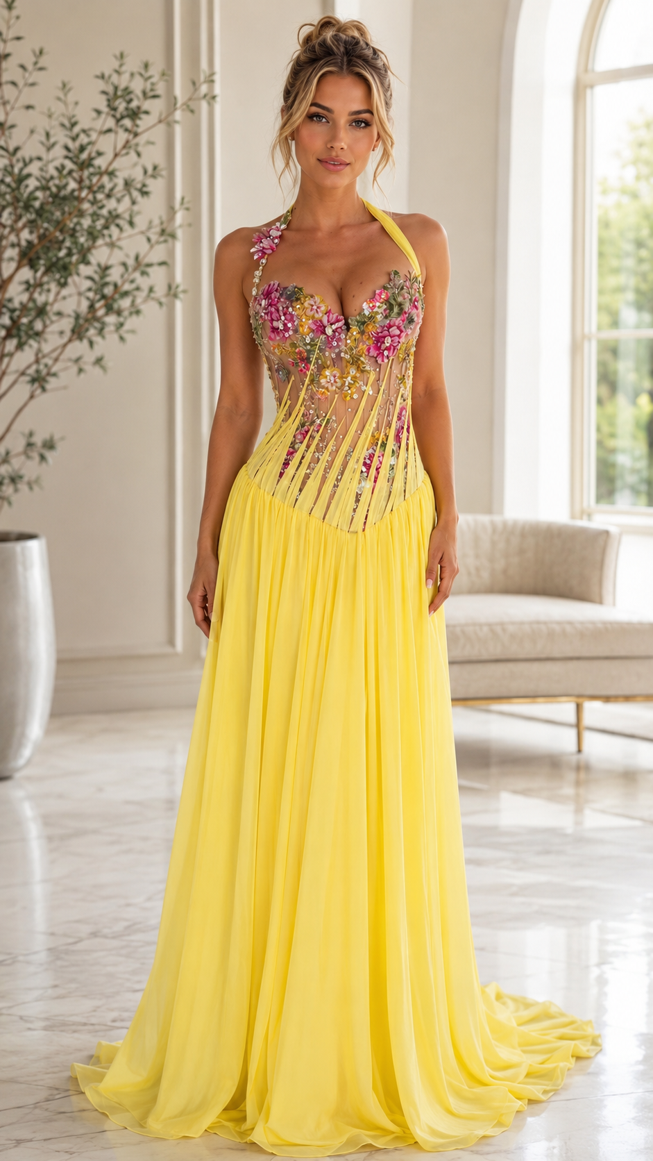 Front view of yellow floral appliqu¨¦ halter corset evening gown with flowing pleated skirt