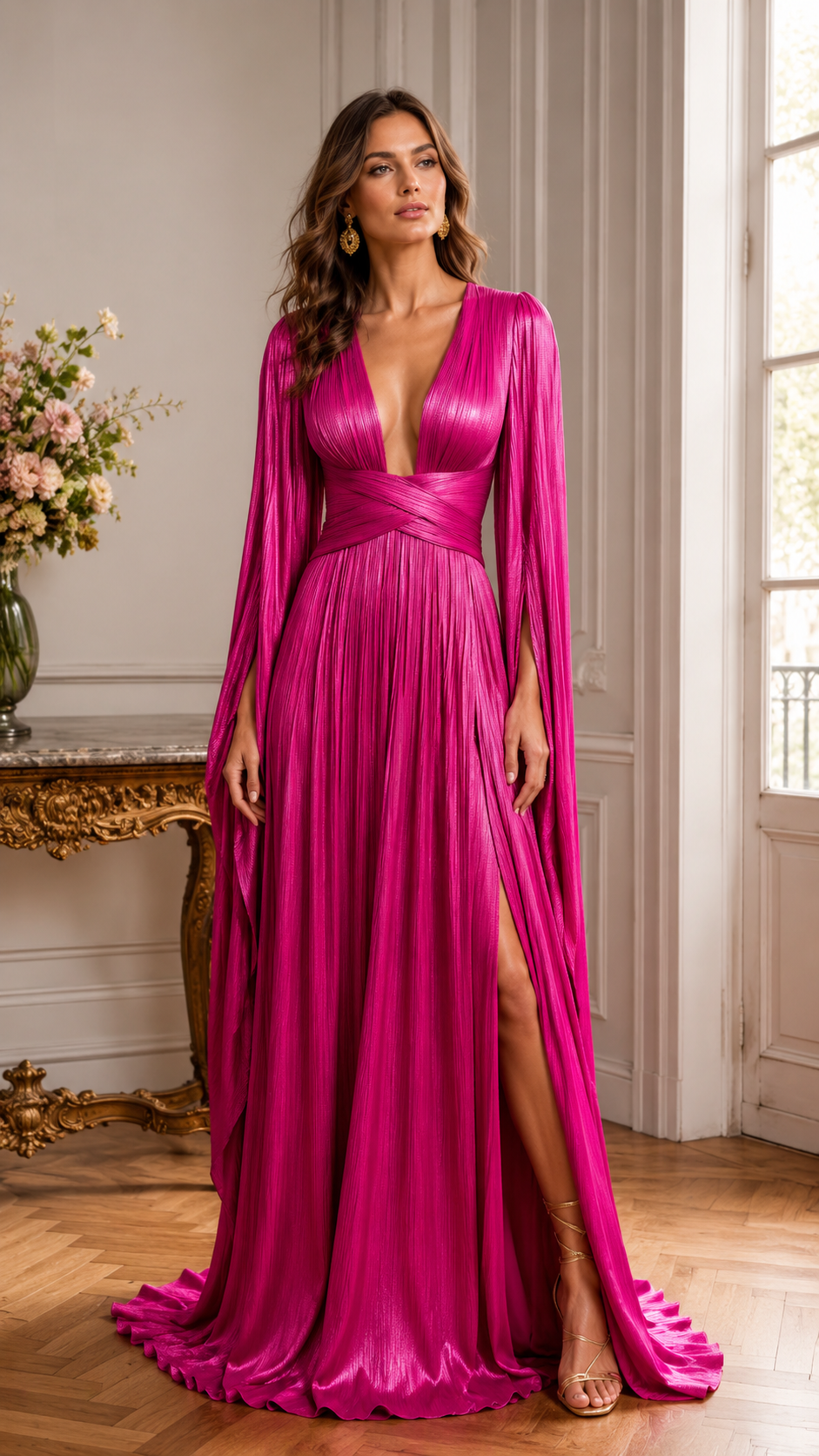 Front view of fuchsia pleated maxi gown with plunging neckline and thigh slit