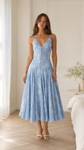 Sky blue floral textured midi slip dress front view with V-neck and flared skirt