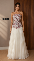 Front view of mauve and ivory strapless appliqu¨¦ evening gown with pleated tulle skirt