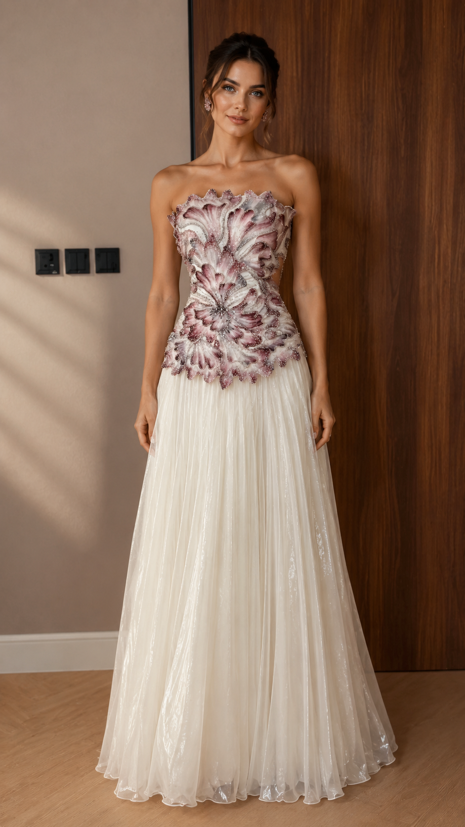 Front view of mauve and ivory strapless appliqu¨¦ evening gown with pleated tulle skirt