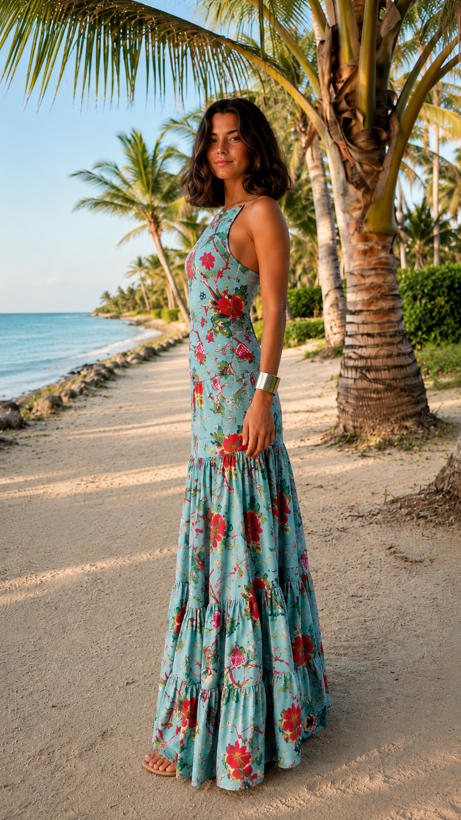 Side view of sky blue floral sleeveless maxi dress with flowing skirt
