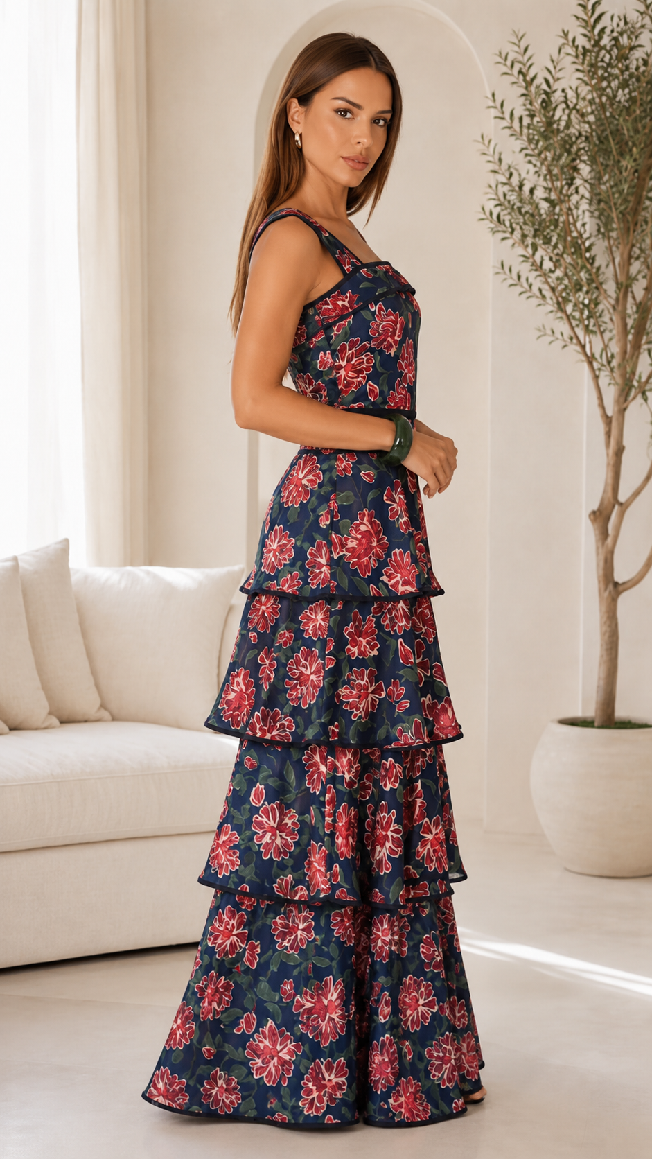 Side view of navy floral sleeveless tiered maxi dress