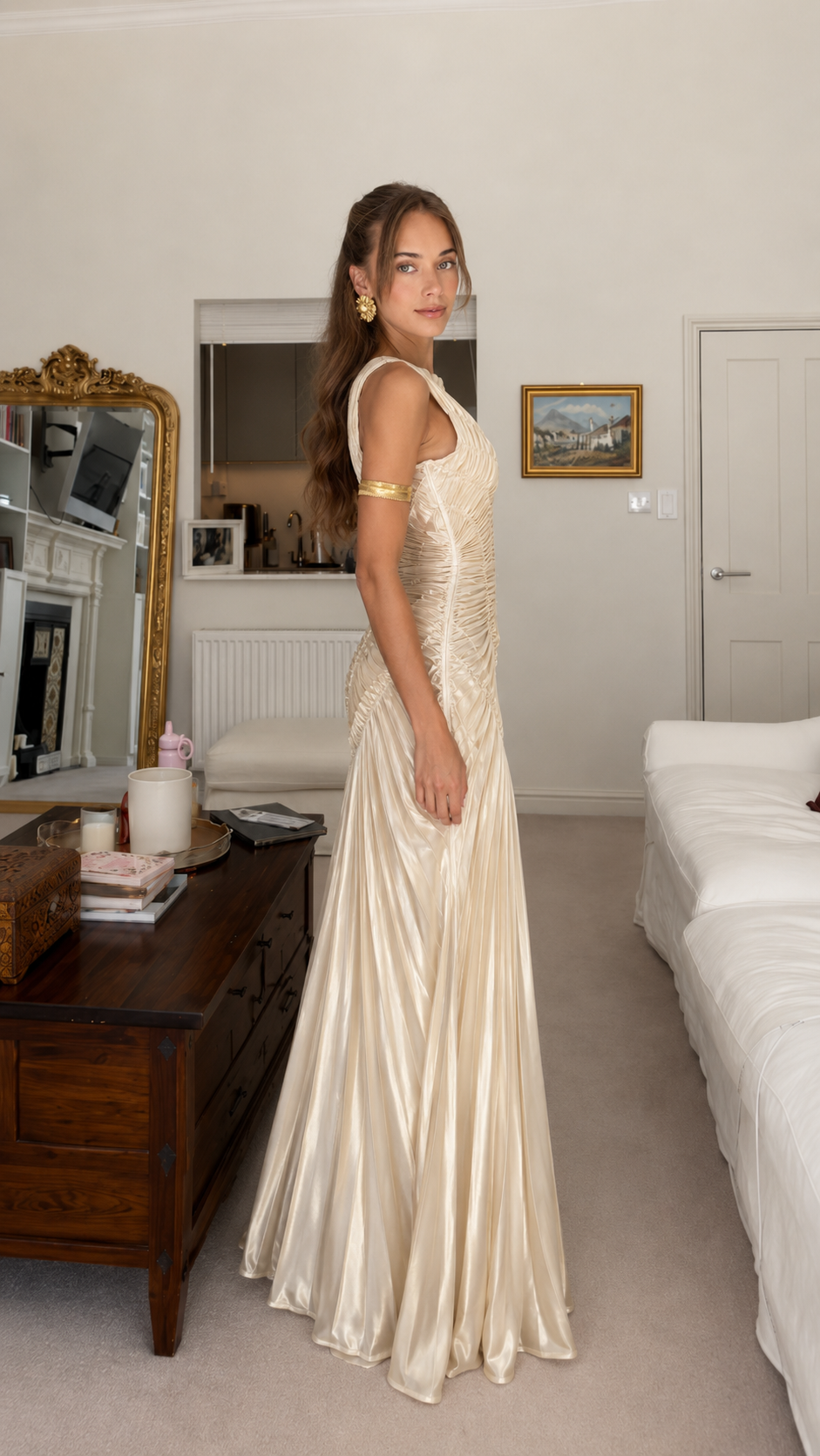 Side view of champagne satin-look ruched formal maxi dress
