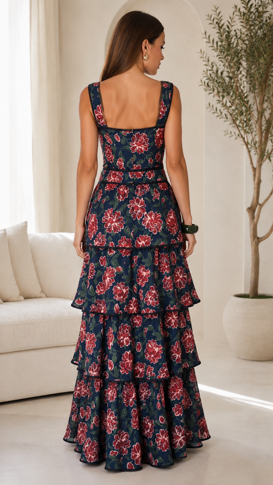Back view of navy floral square neck maxi dress with layered skirt