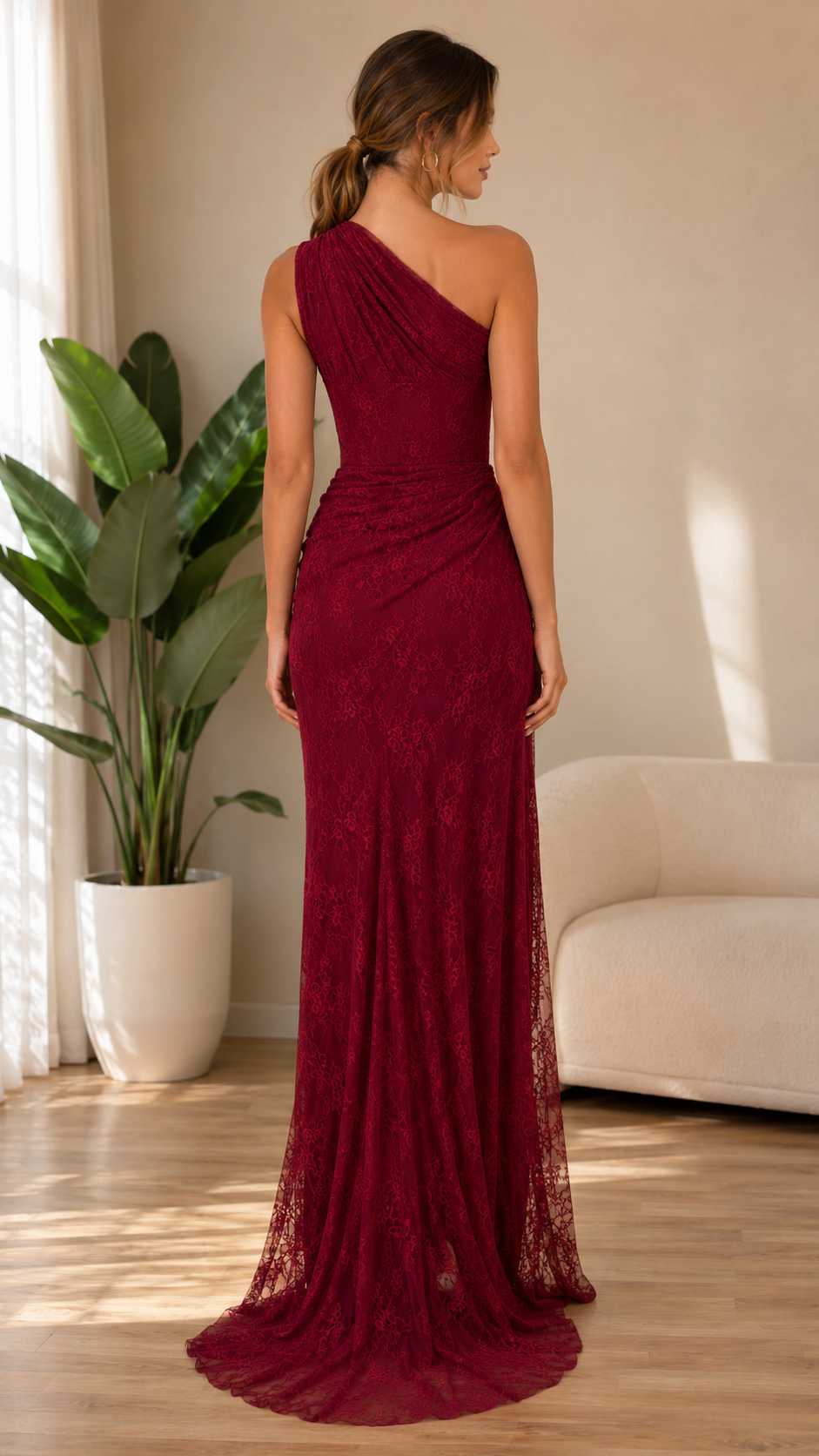 Burgundy one-shoulder floor-length evening dress back view