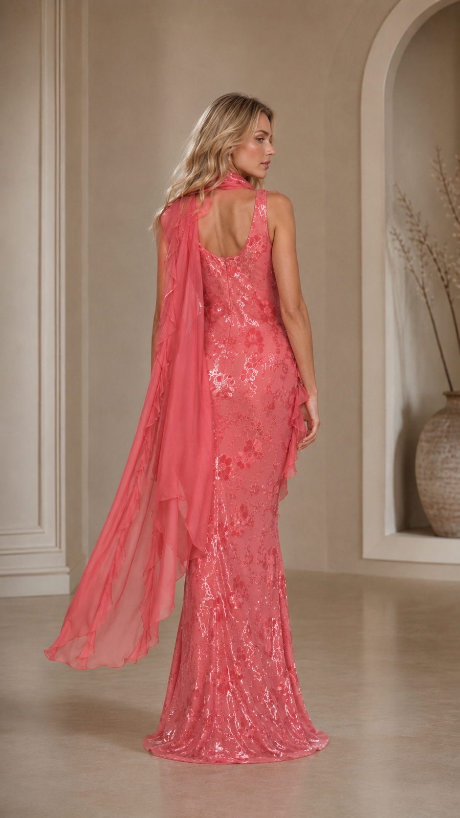 Back view of coral pink mermaid gown with open back and long sheer scarf drape