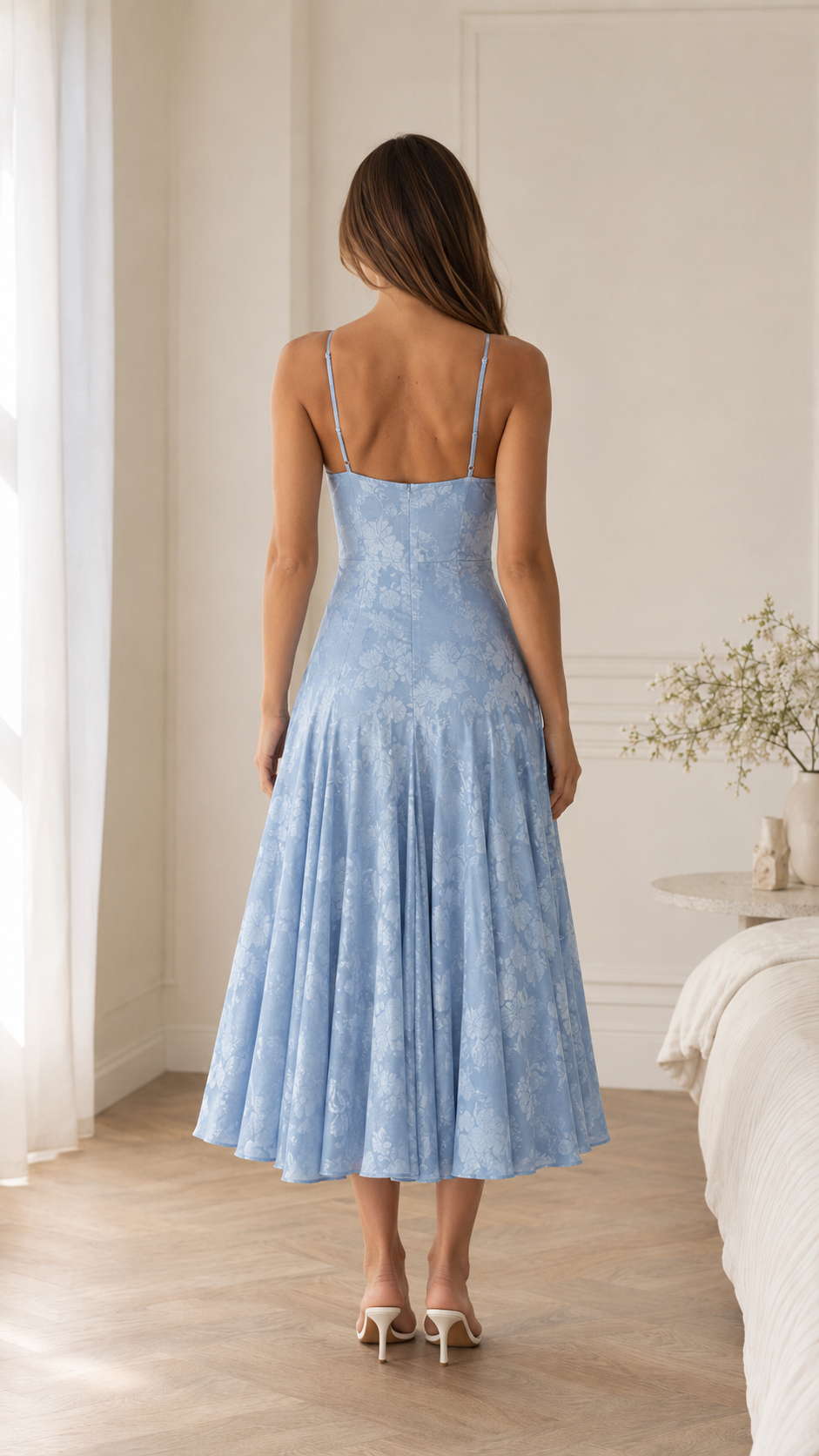 Sky blue floral textured midi slip dress back view with slim straps and open back
