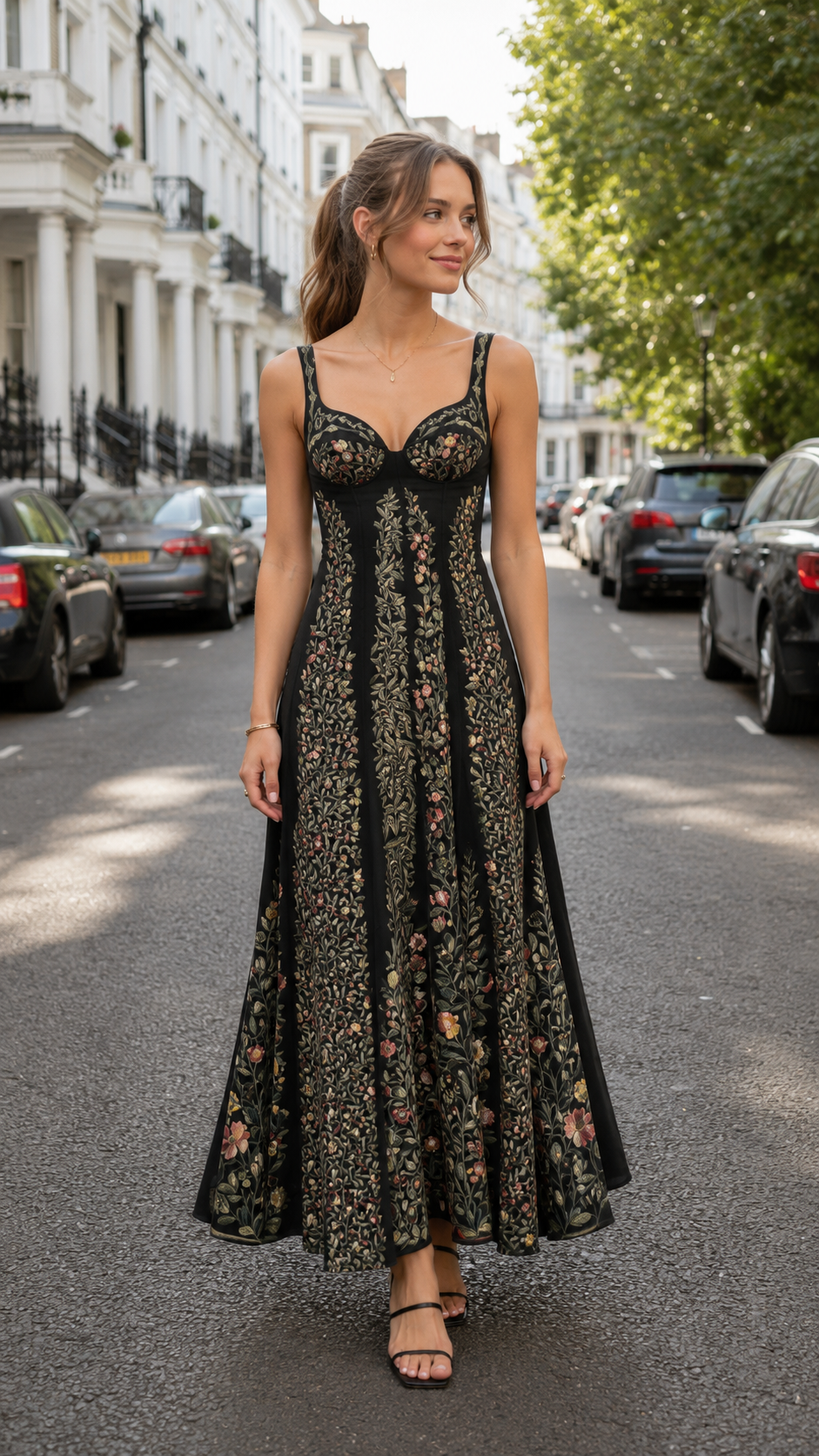 Front view of black floral bustier maxi dress with full-length A-line silhouette