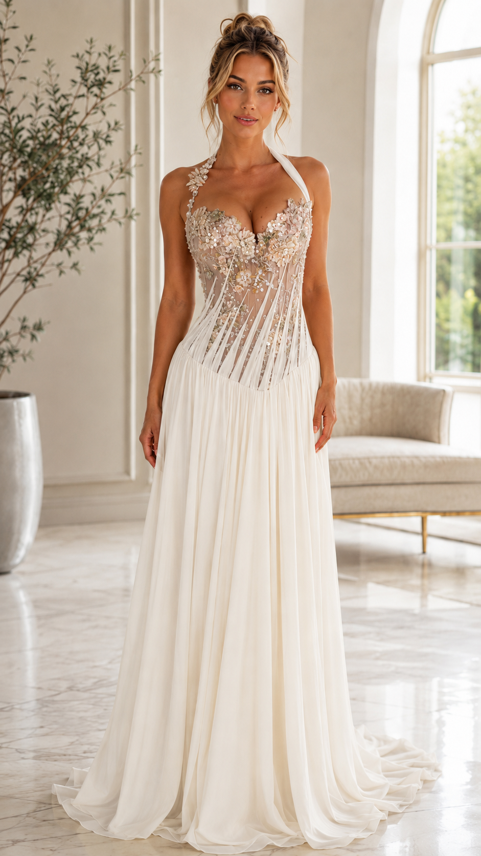 Front view of ivory floral appliqu¨¦ halter evening gown with floor-length drape