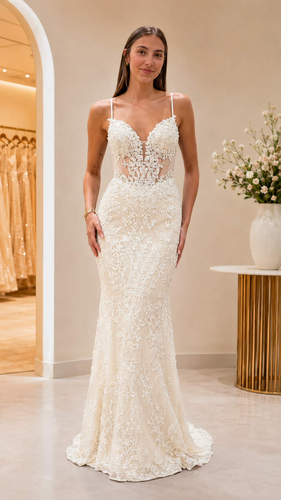 Front view of ivory embroidered mermaid formal gown with spaghetti straps