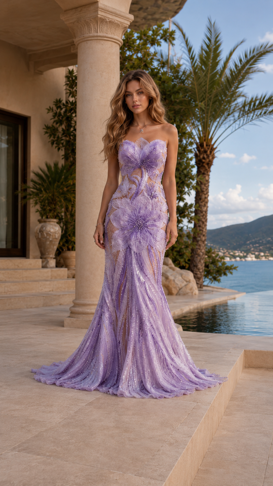 Lilac strapless floral appliqu¨¦ evening gown with slim fit and sweeping hem