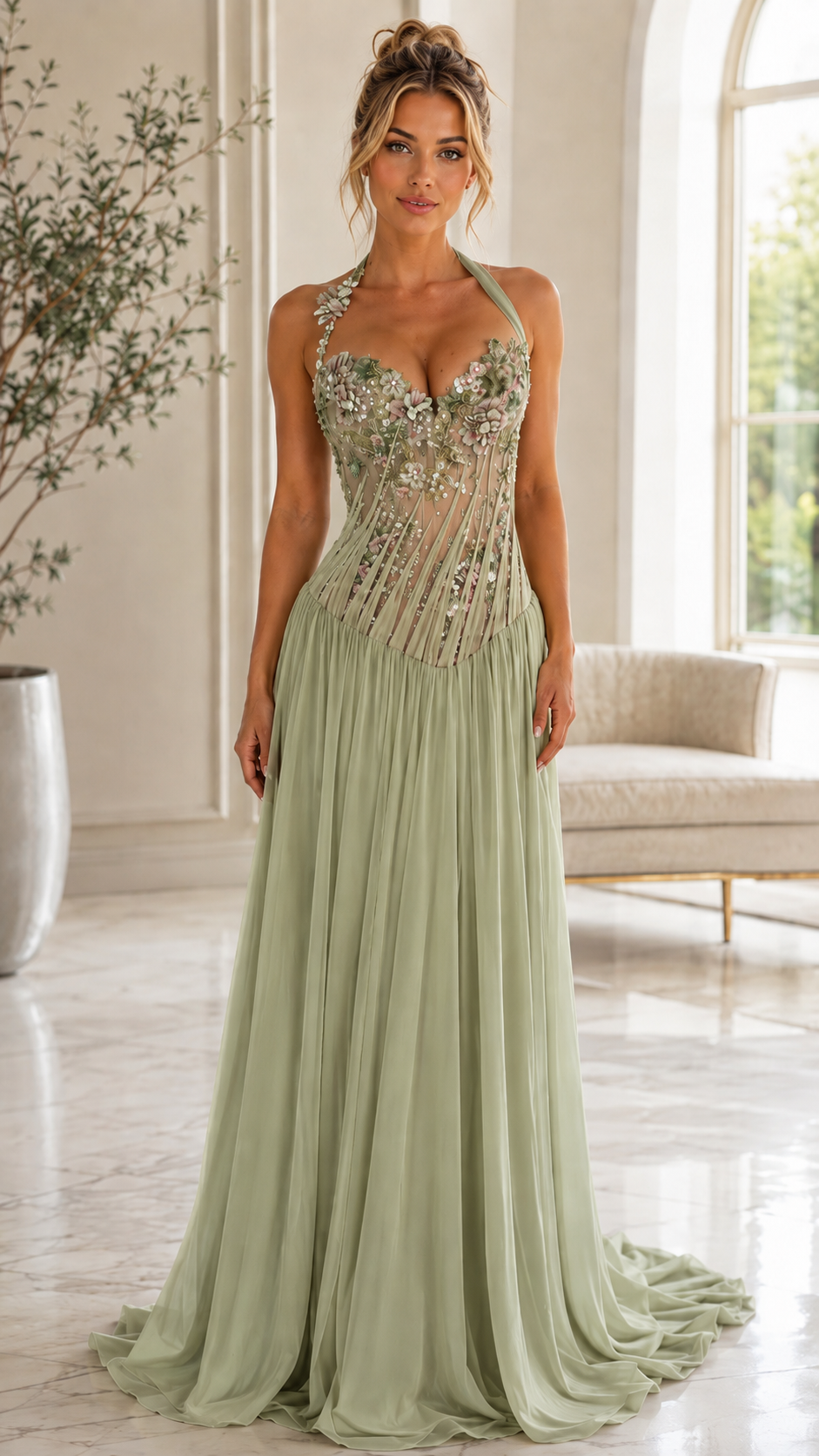 Front view of sage floral appliqu¨¦ halter evening gown with structured bodice