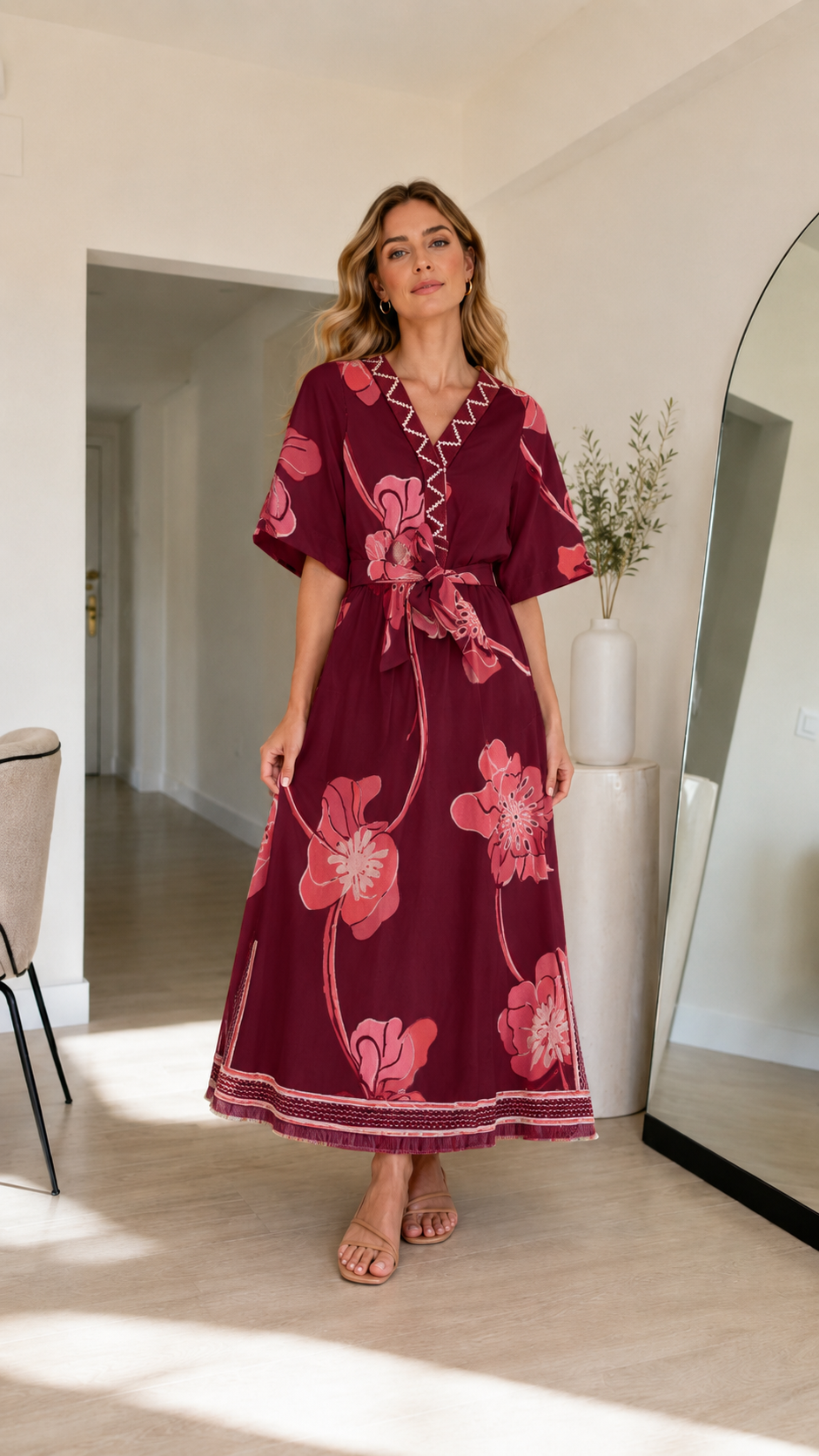 Front view of burgundy floral maxi dress with flowing full-length silhouette