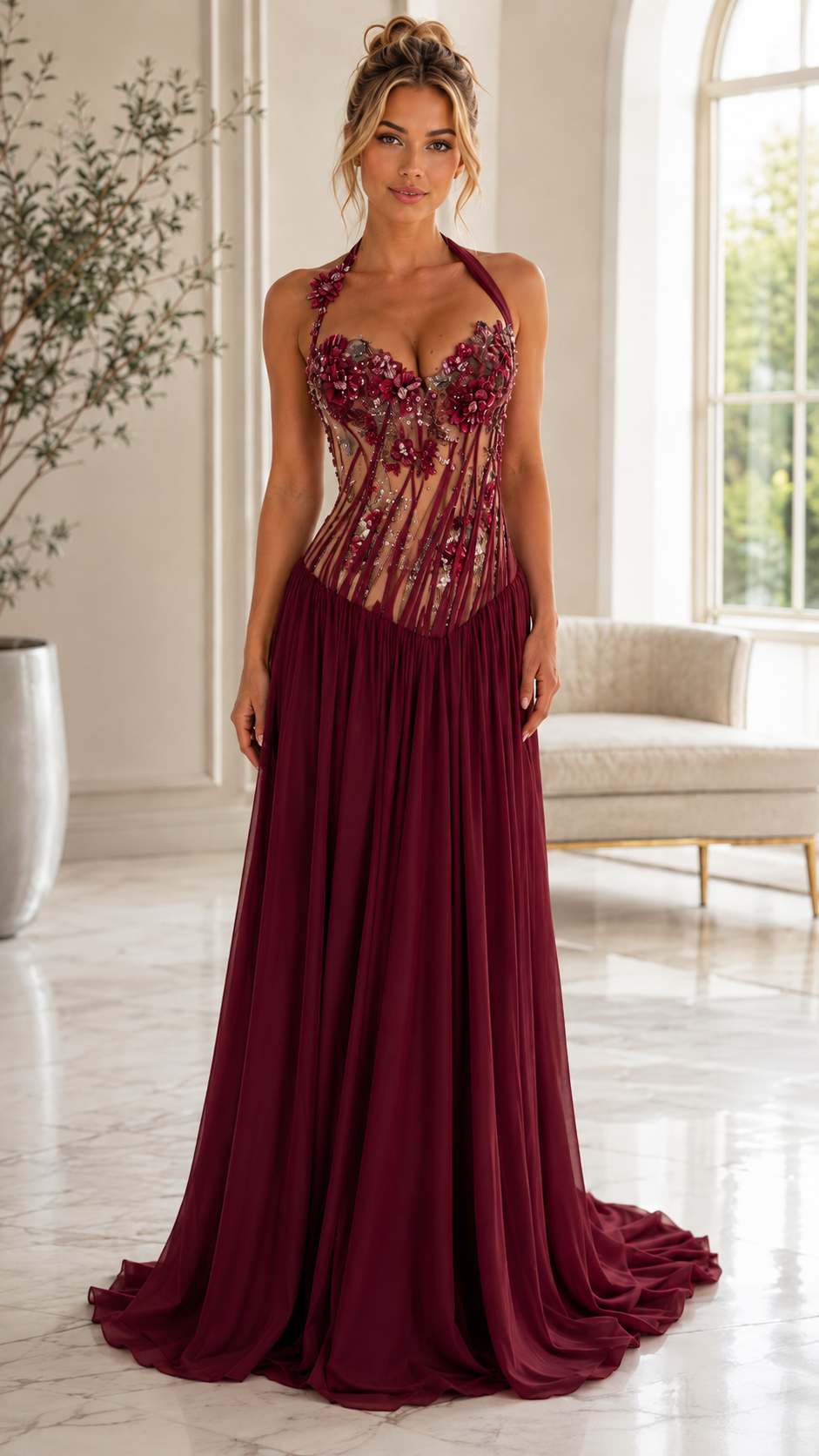 Front view of burgundy floral appliqu¨¦ halter corset gown with flowing maxi skirt
